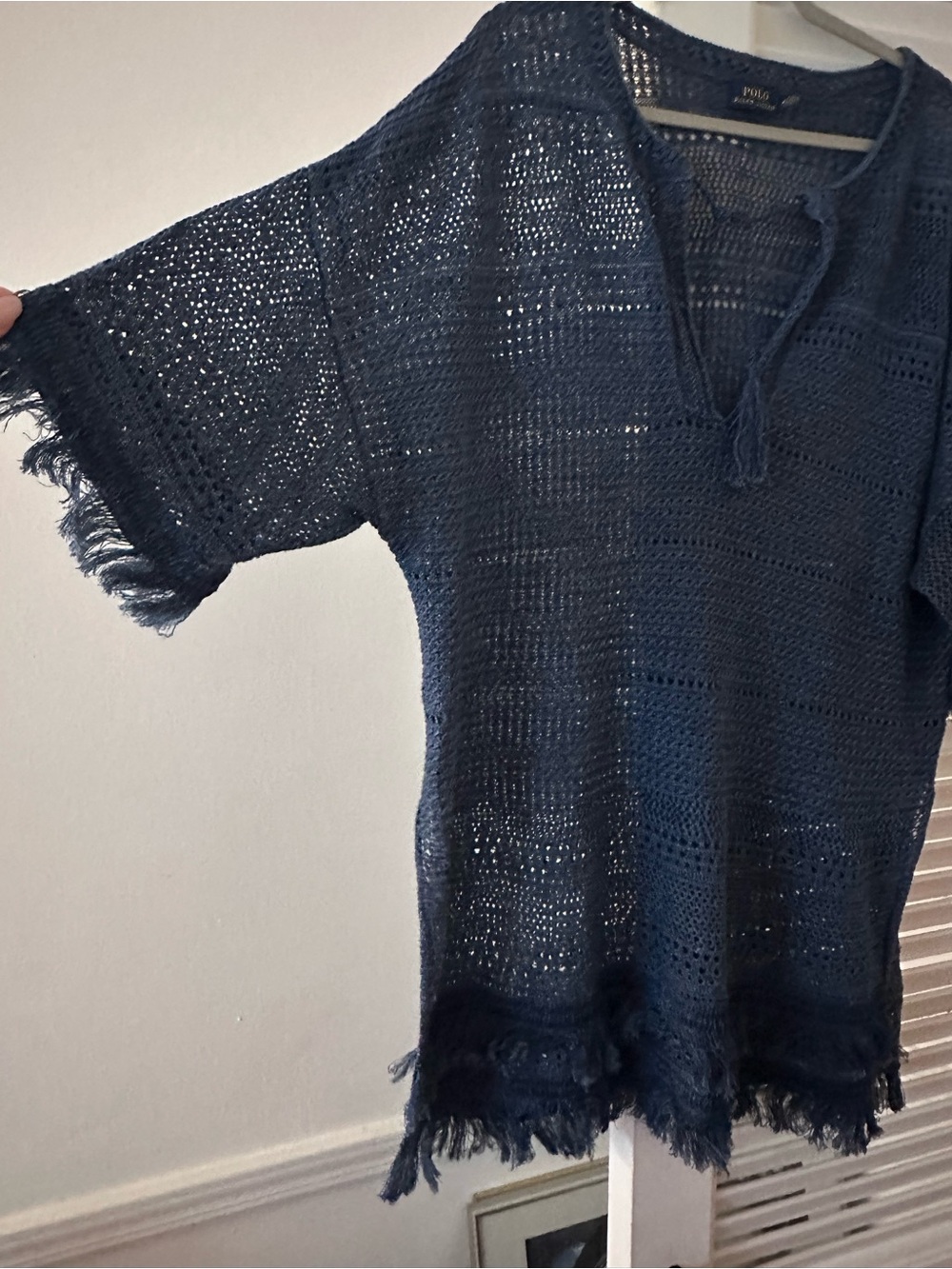 Polo Ralph Lauren Navy Crochet Fringe Beach Cover-Up Tunic, 100% Linen, Size M - Picture 2 of 7